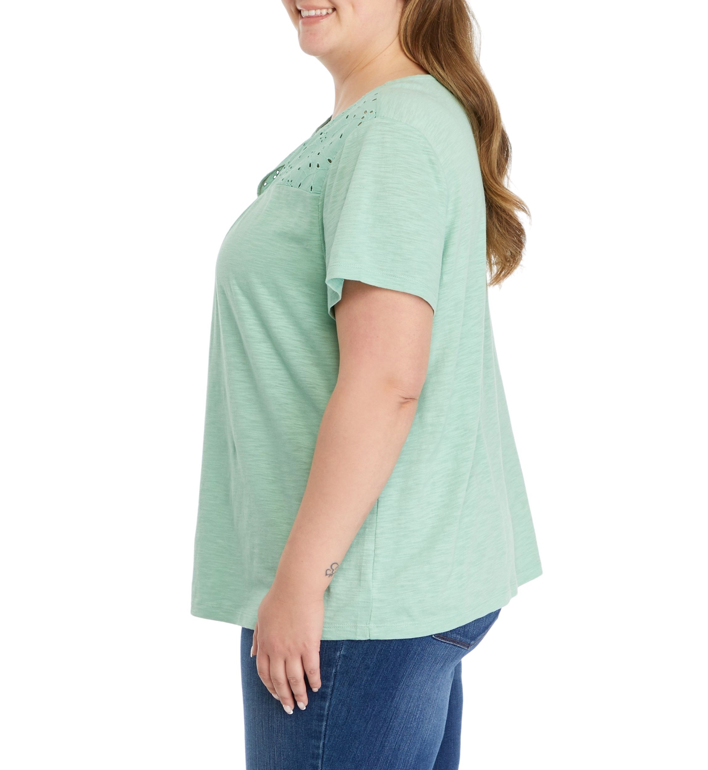 Plus Size Short Sleeve Eyelet Yoke T-Shirt
