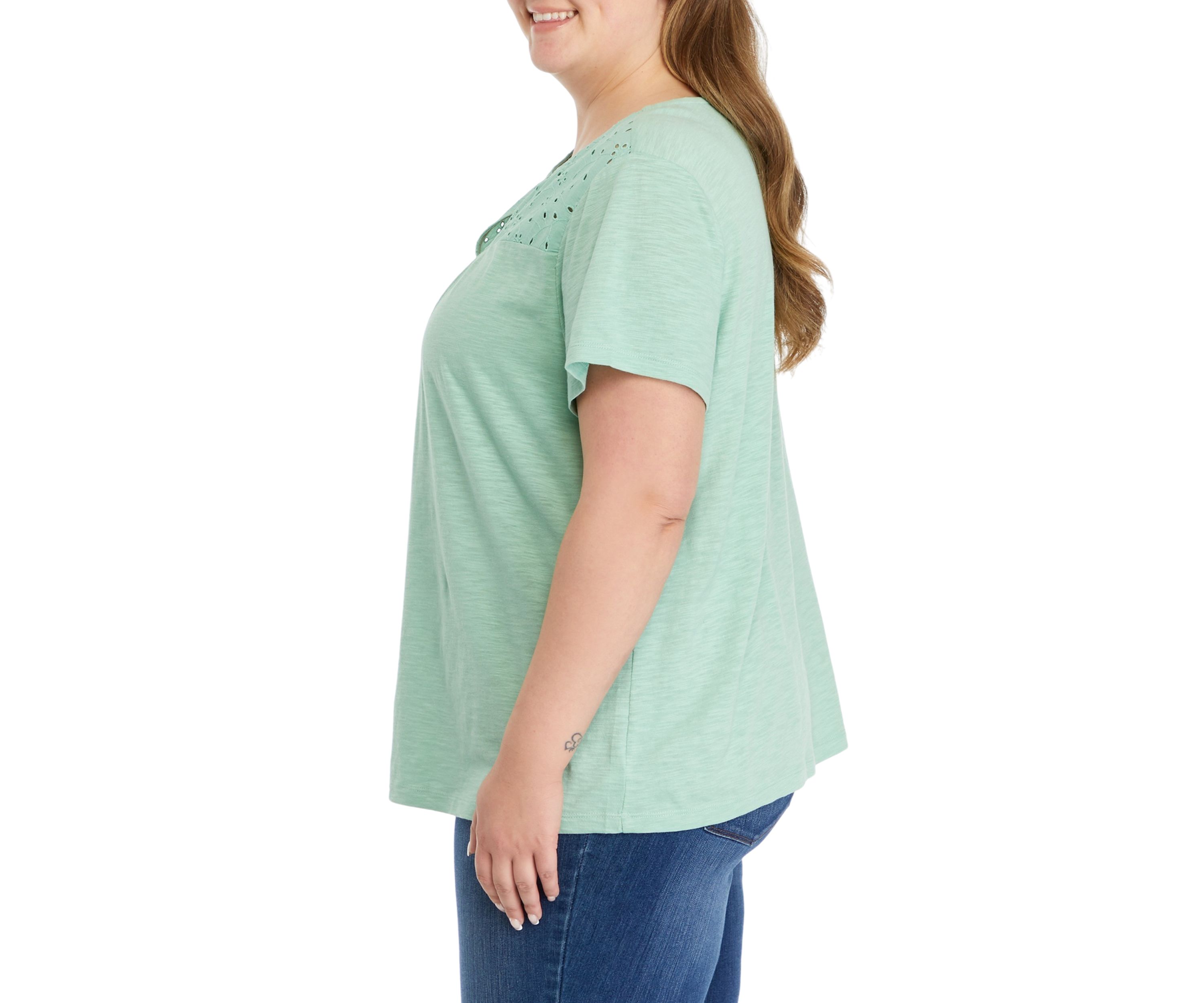 Plus Size Short Sleeve Eyelet Yoke T-Shirt