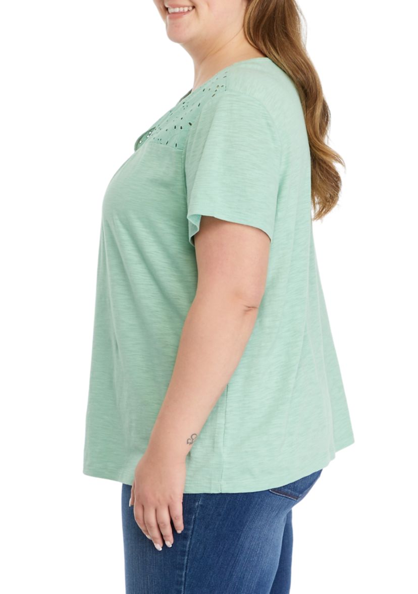 Plus Size Short Sleeve Eyelet Yoke T-Shirt