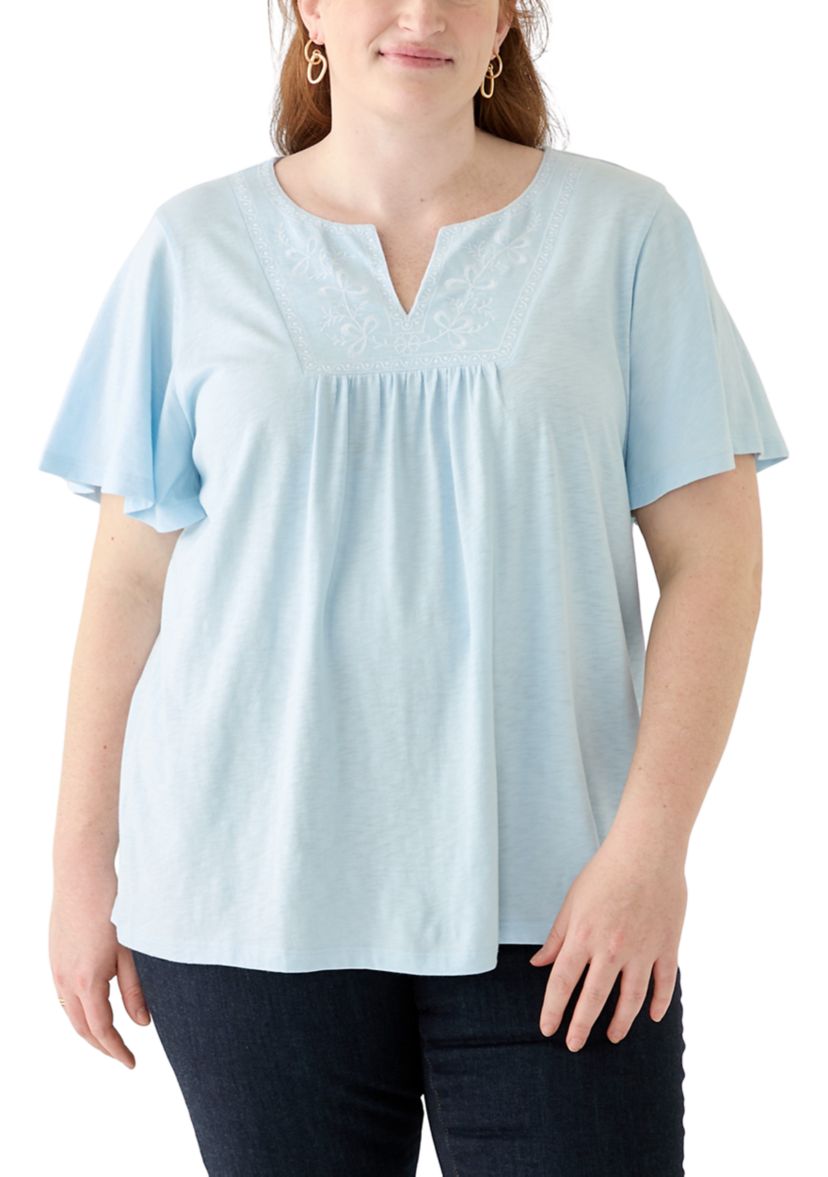 Plus Size Short Sleeve Embroidery Detail T-Shirt 