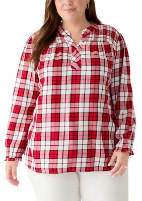Kim Rogers Women's Plus Size Smocked Plaid Flannel Shirt