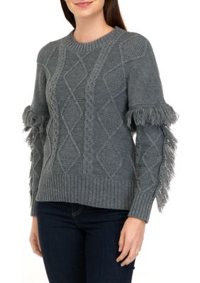 Women's Long Sleeve Cable Pullover Sweater with Fringe