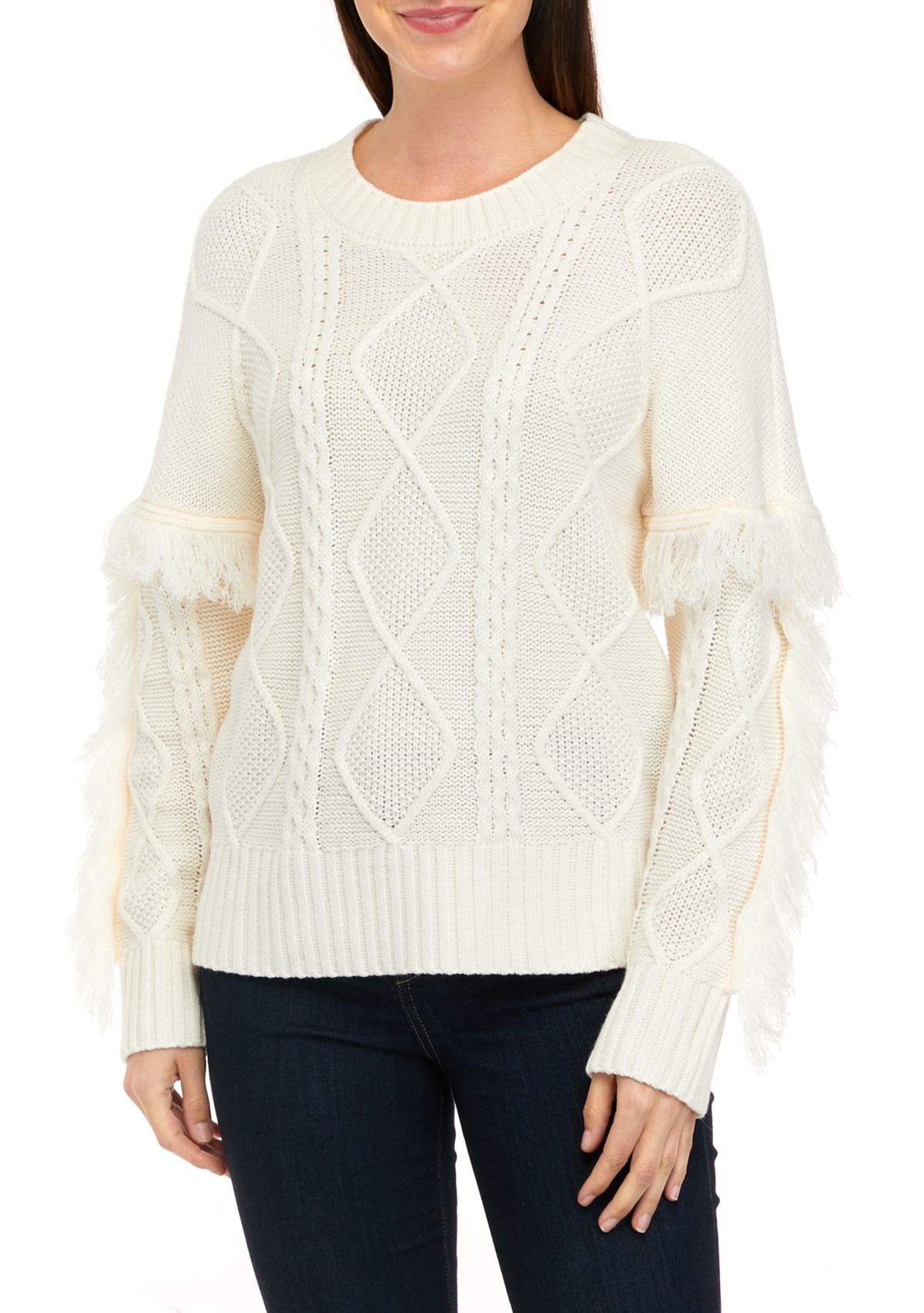 Womens Long Sleeve Cable Pullover Sweater with Fringe