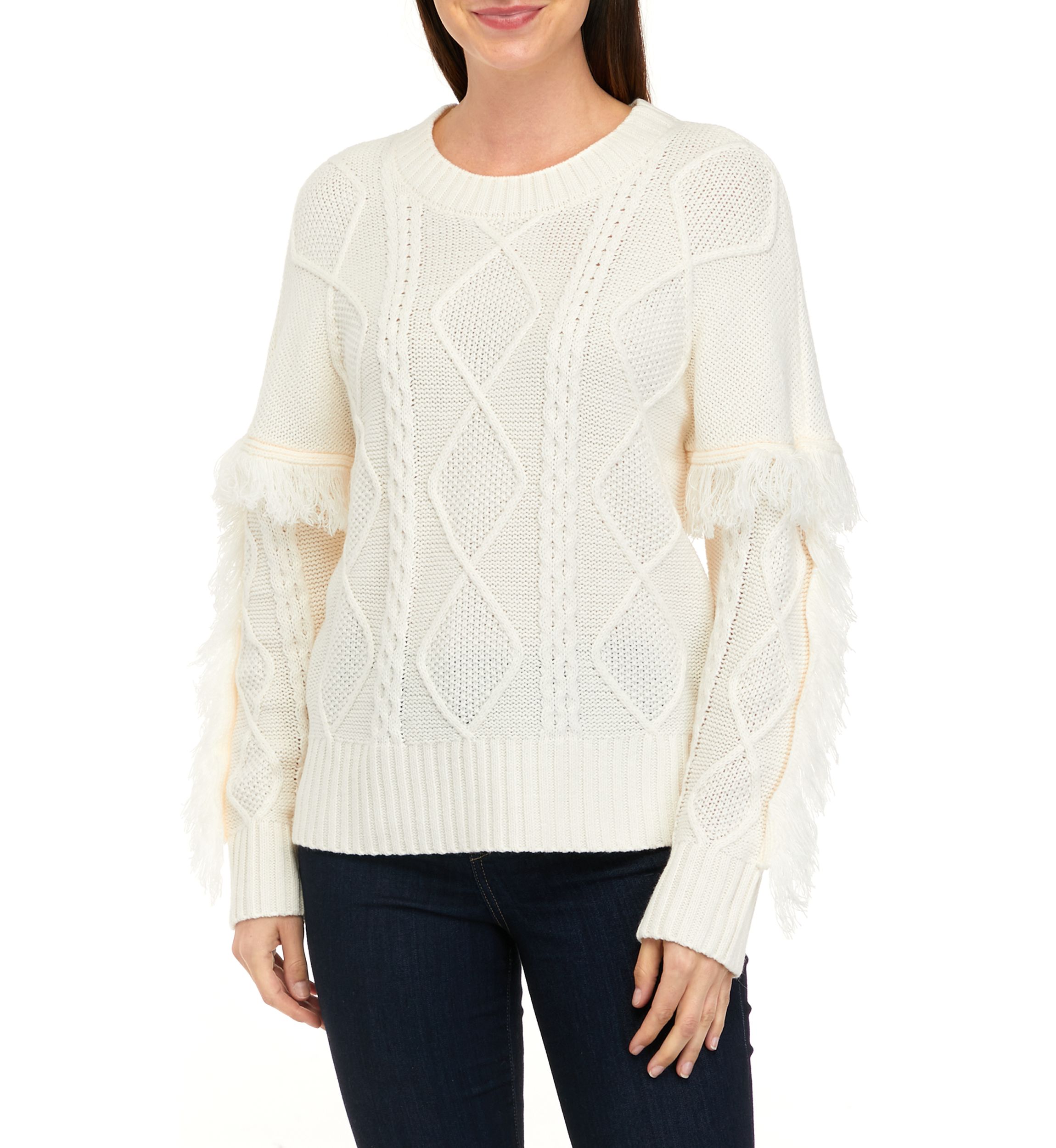 Womens Long Sleeve Cable Pullover Sweater with Fringe