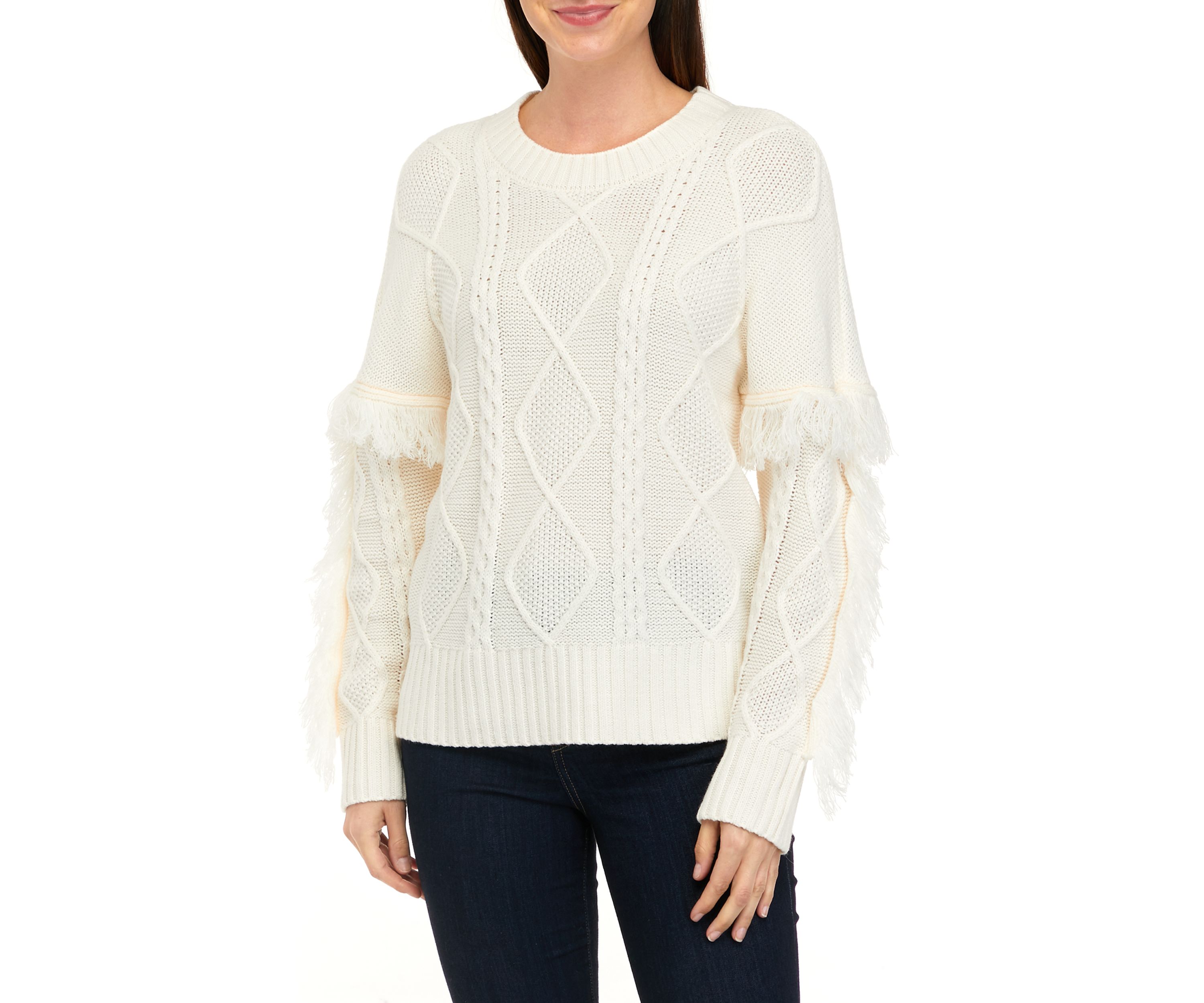 Womens Long Sleeve Cable Pullover Sweater with Fringe
