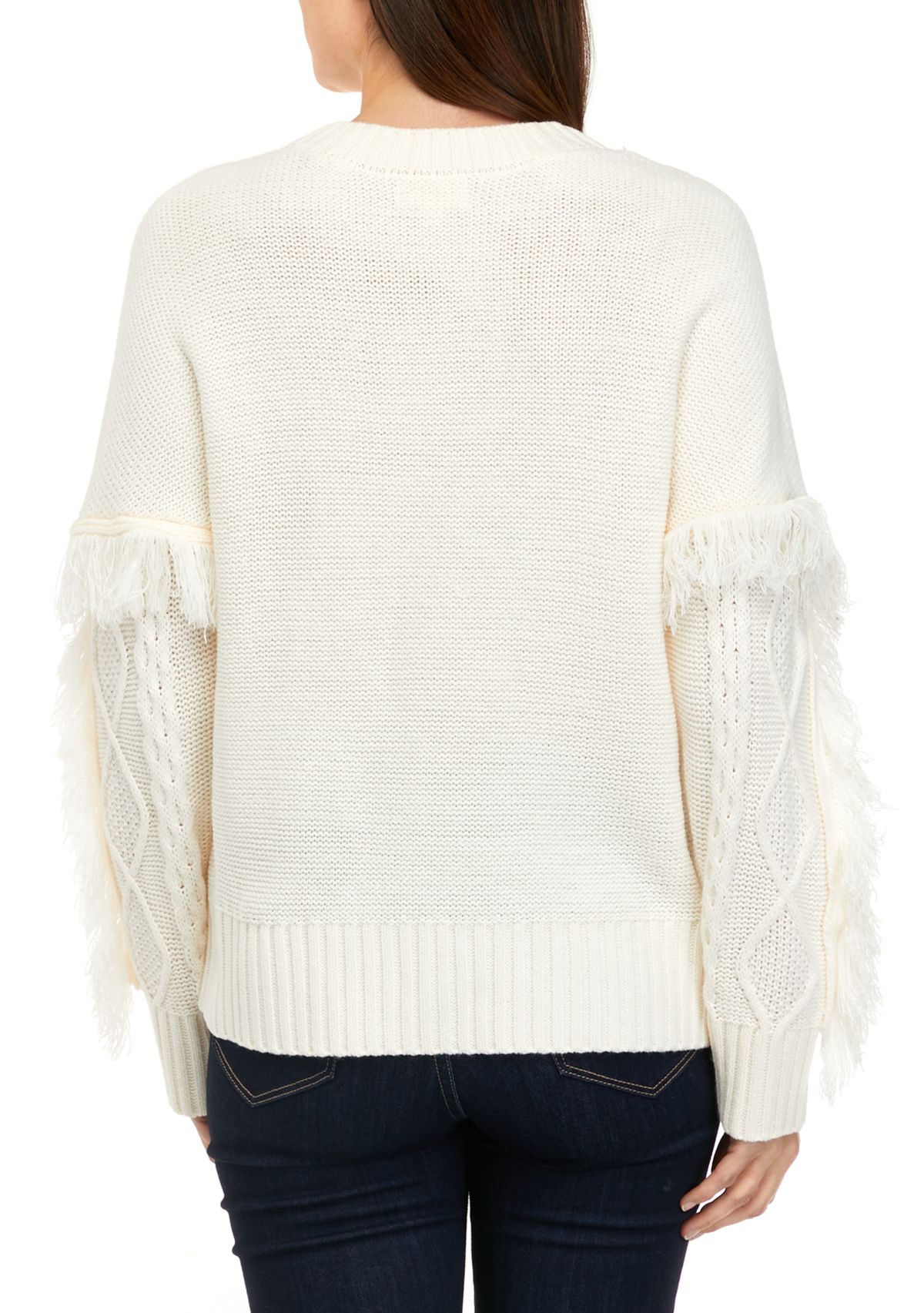 Womens Long Sleeve Cable Pullover Sweater with Fringe