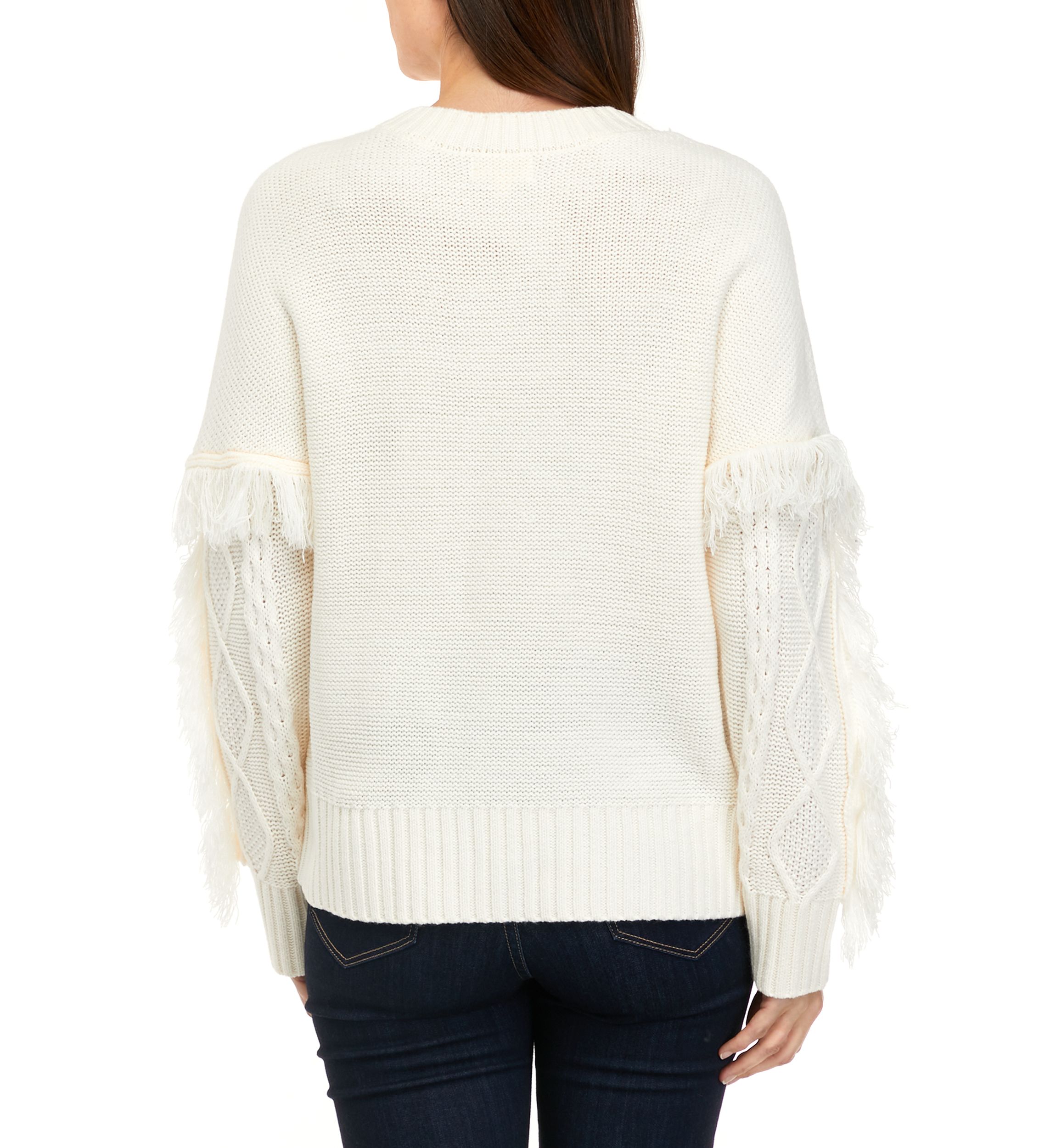 Womens Long Sleeve Cable Pullover Sweater with Fringe