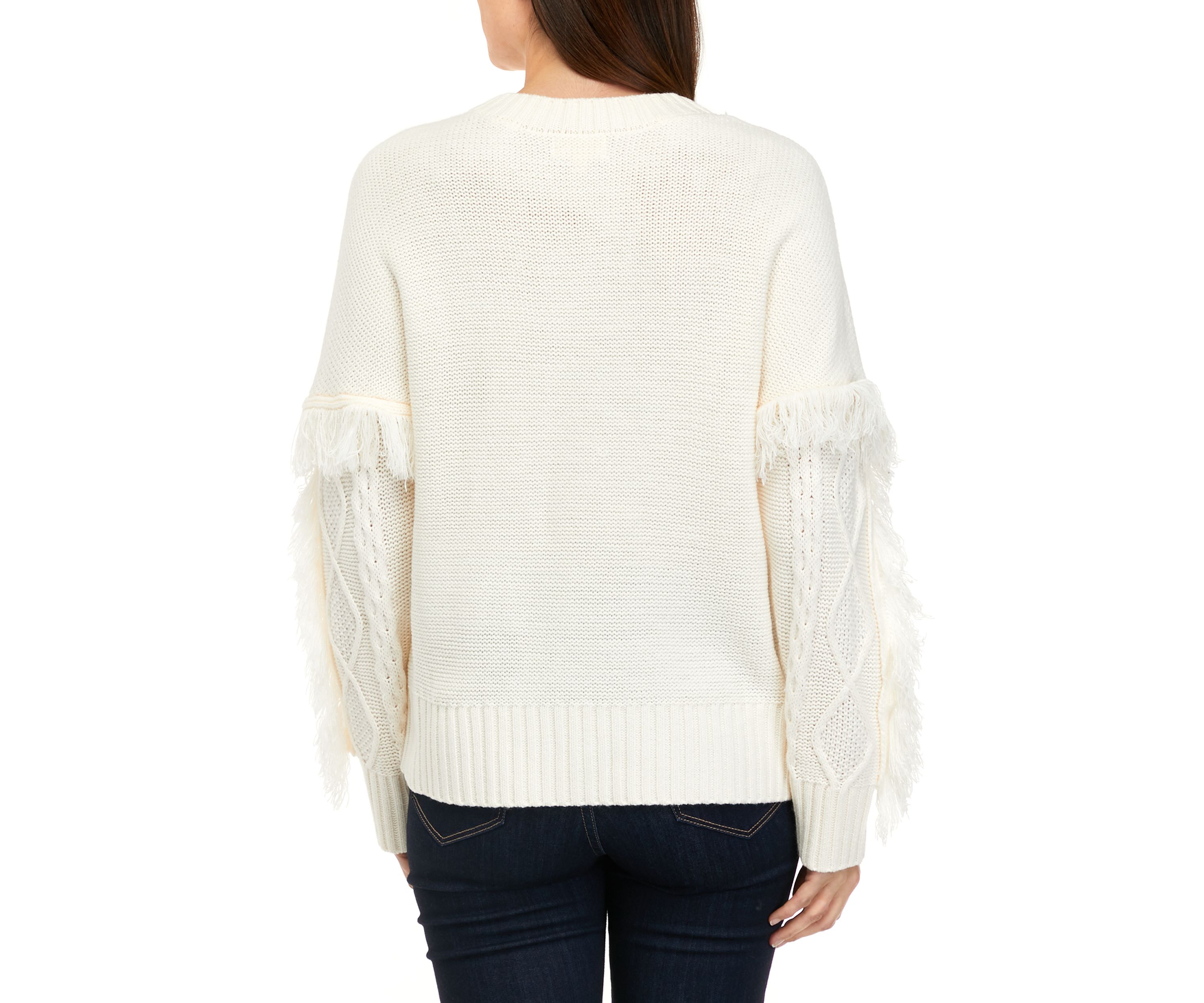 Womens Long Sleeve Cable Pullover Sweater with Fringe