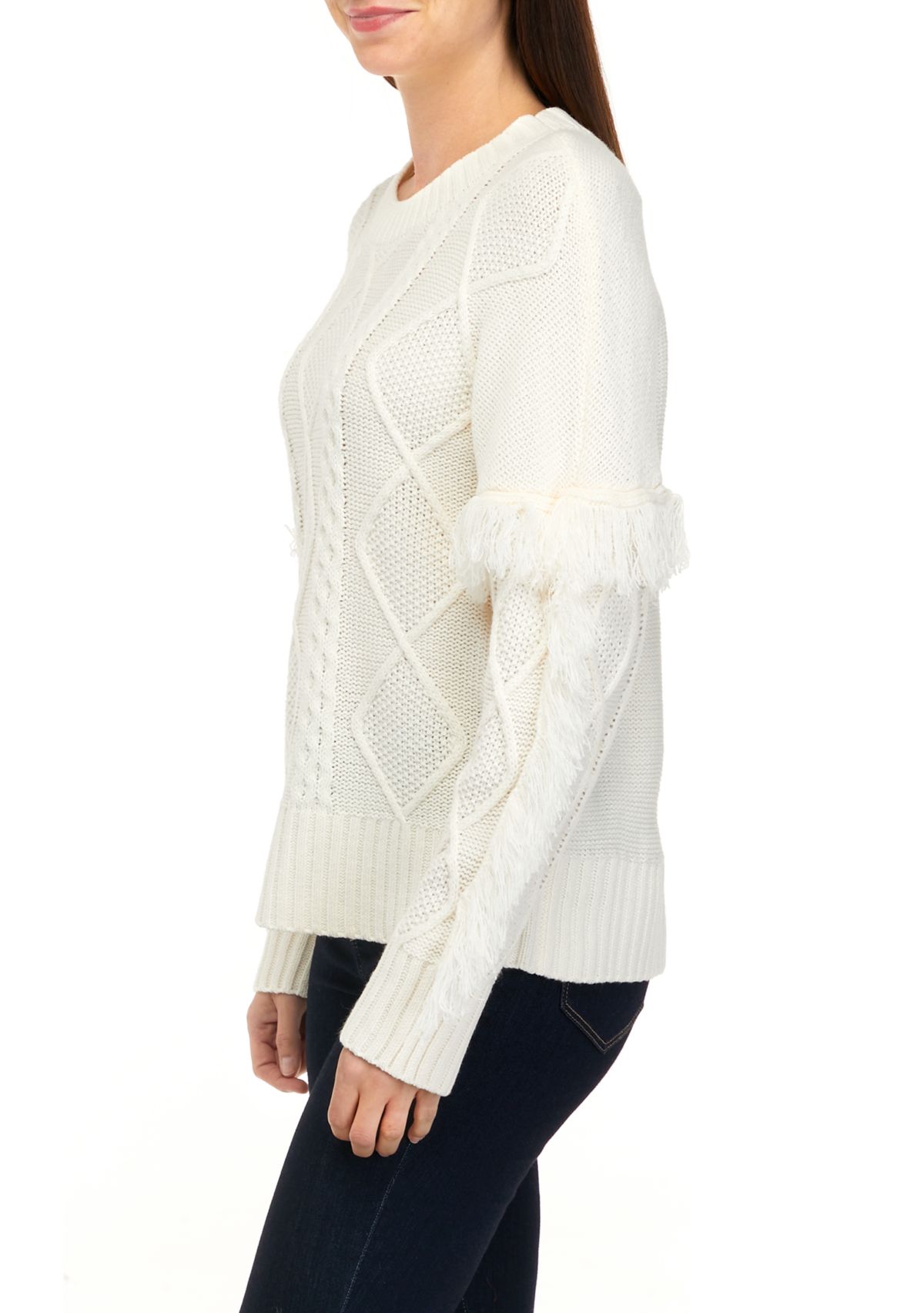 Womens Long Sleeve Cable Pullover Sweater with Fringe