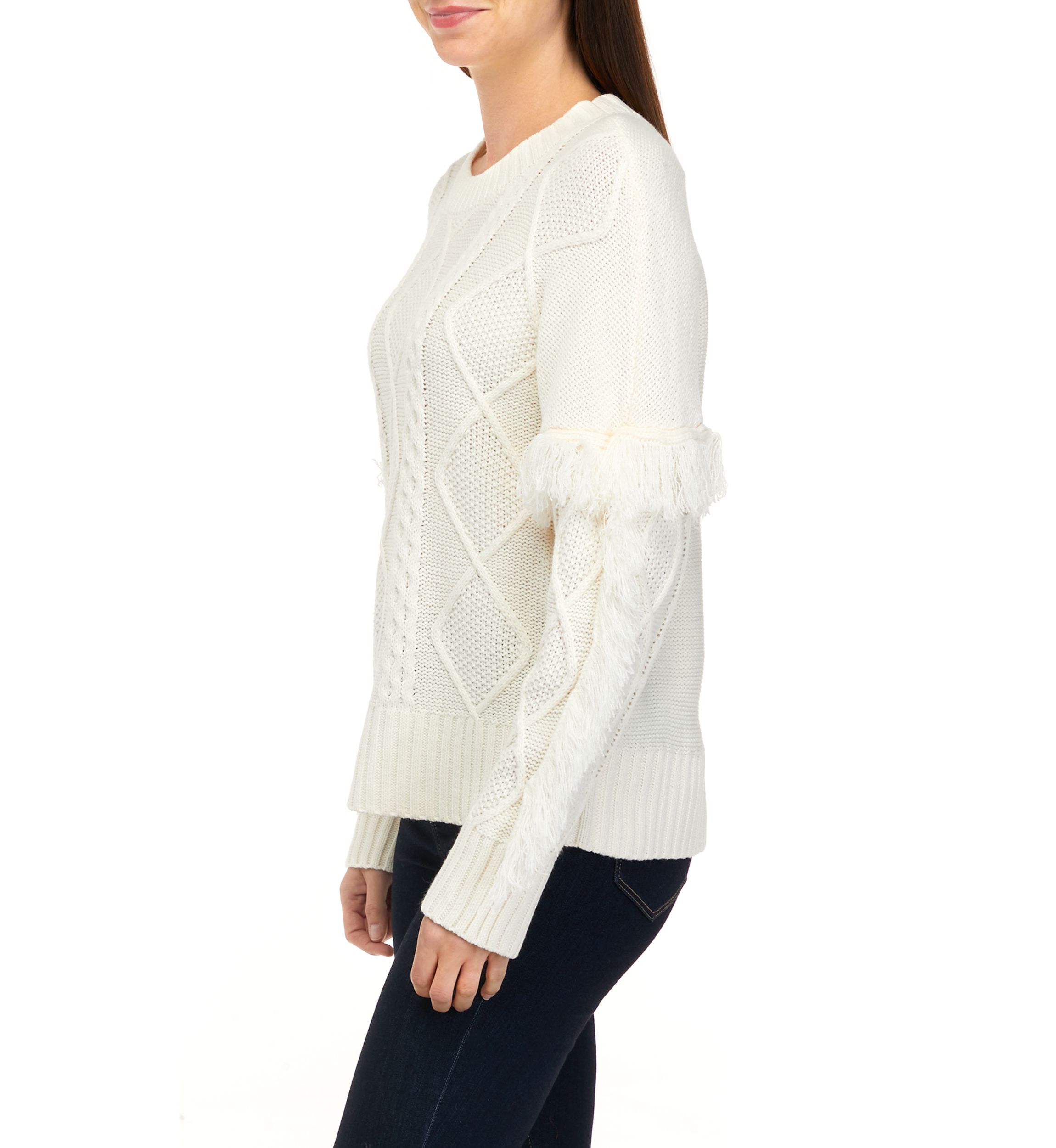 Womens Long Sleeve Cable Pullover Sweater with Fringe