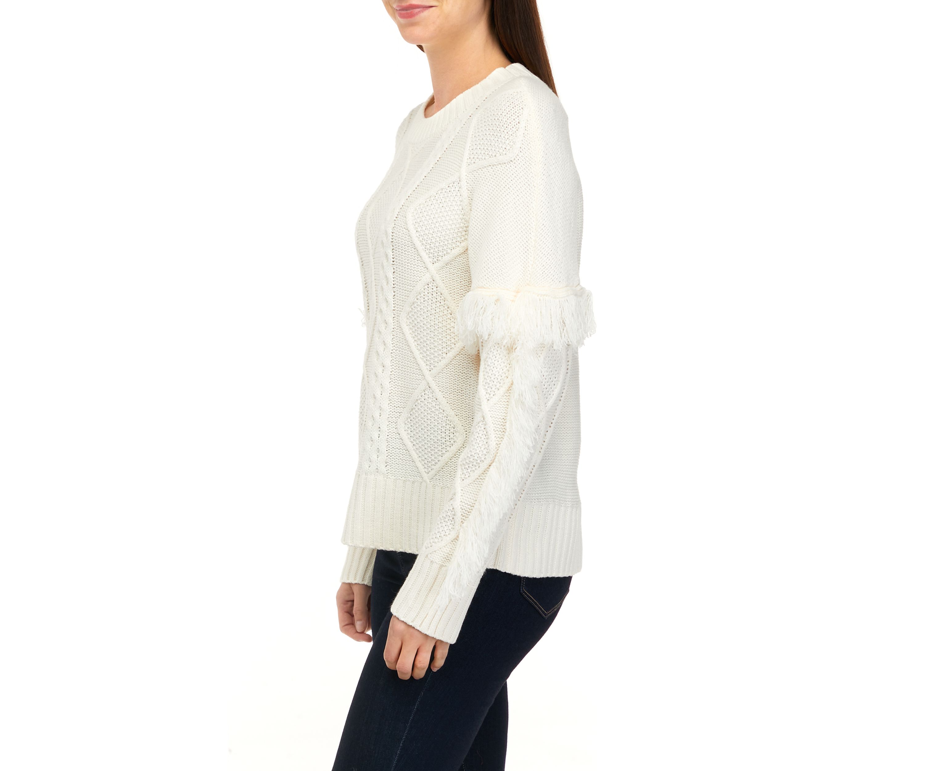 Womens Long Sleeve Cable Pullover Sweater with Fringe