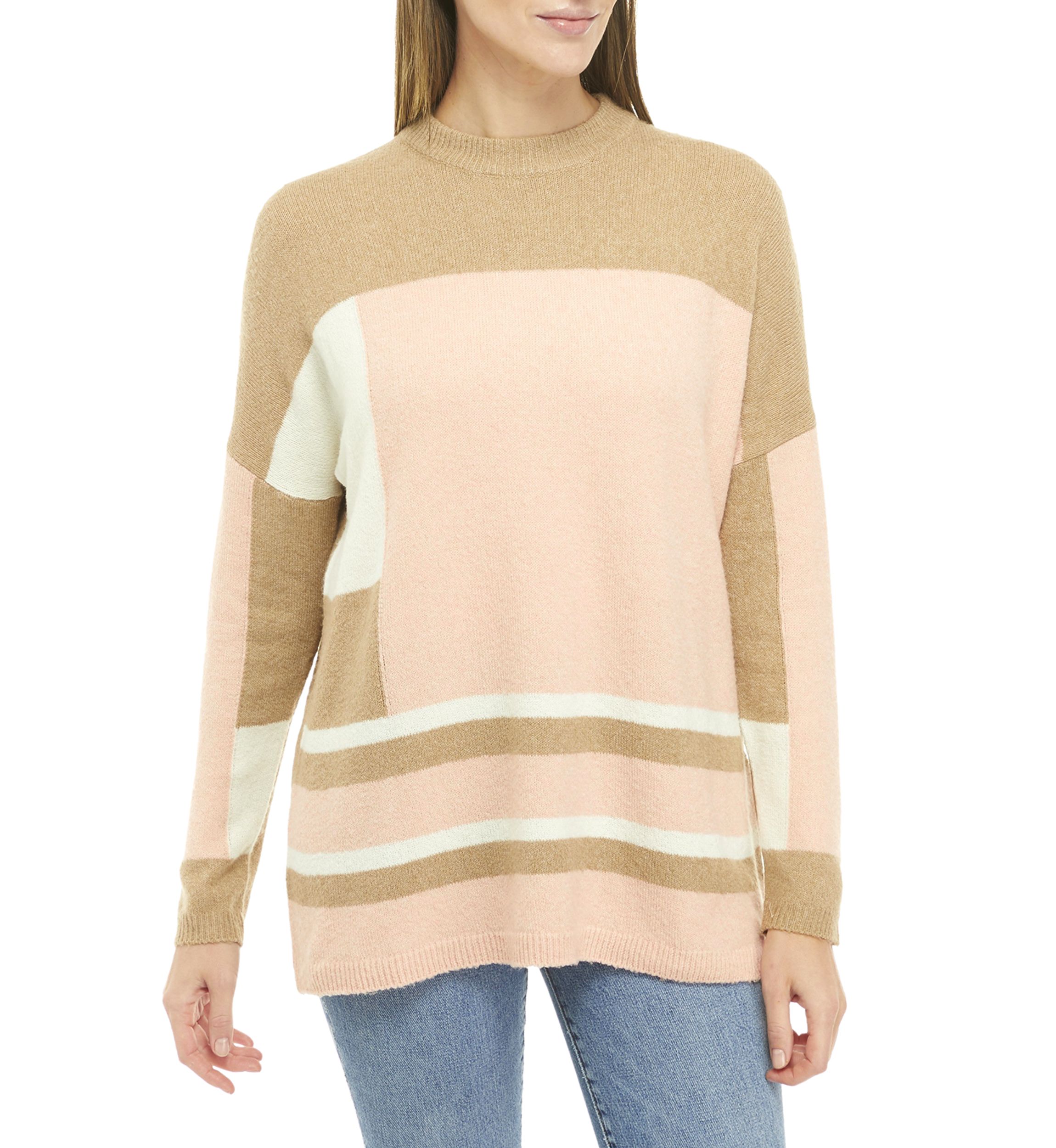 Womens Drop Shoulder Color Blocked Sweater 
