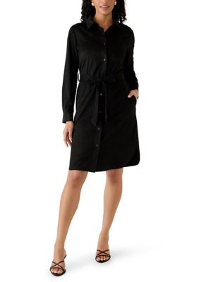 Prince Street Women's Long Sleeve Belted Button Front Vegan Suede Shirt Dress, Black, XL