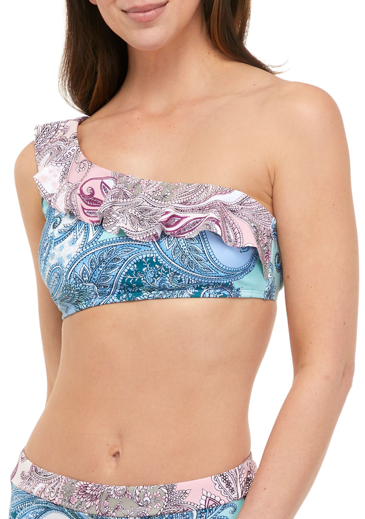 Delicate Paisley Ruffle One Shoulder Swim Top