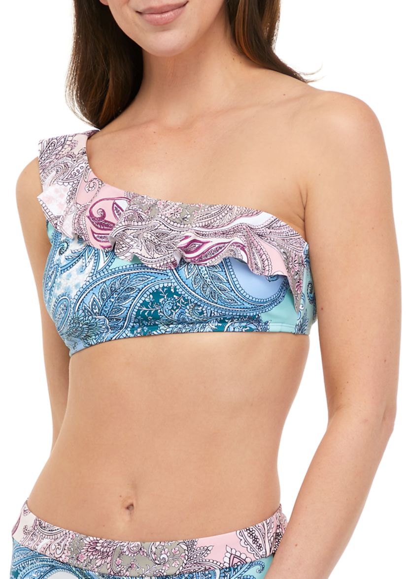 Delicate Paisley Ruffle One Shoulder Swim Top