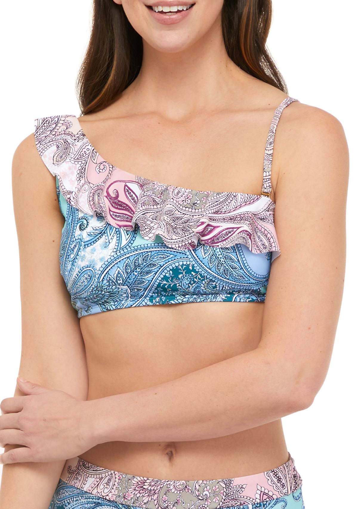 Delicate Paisley Ruffle One Shoulder Swim Top