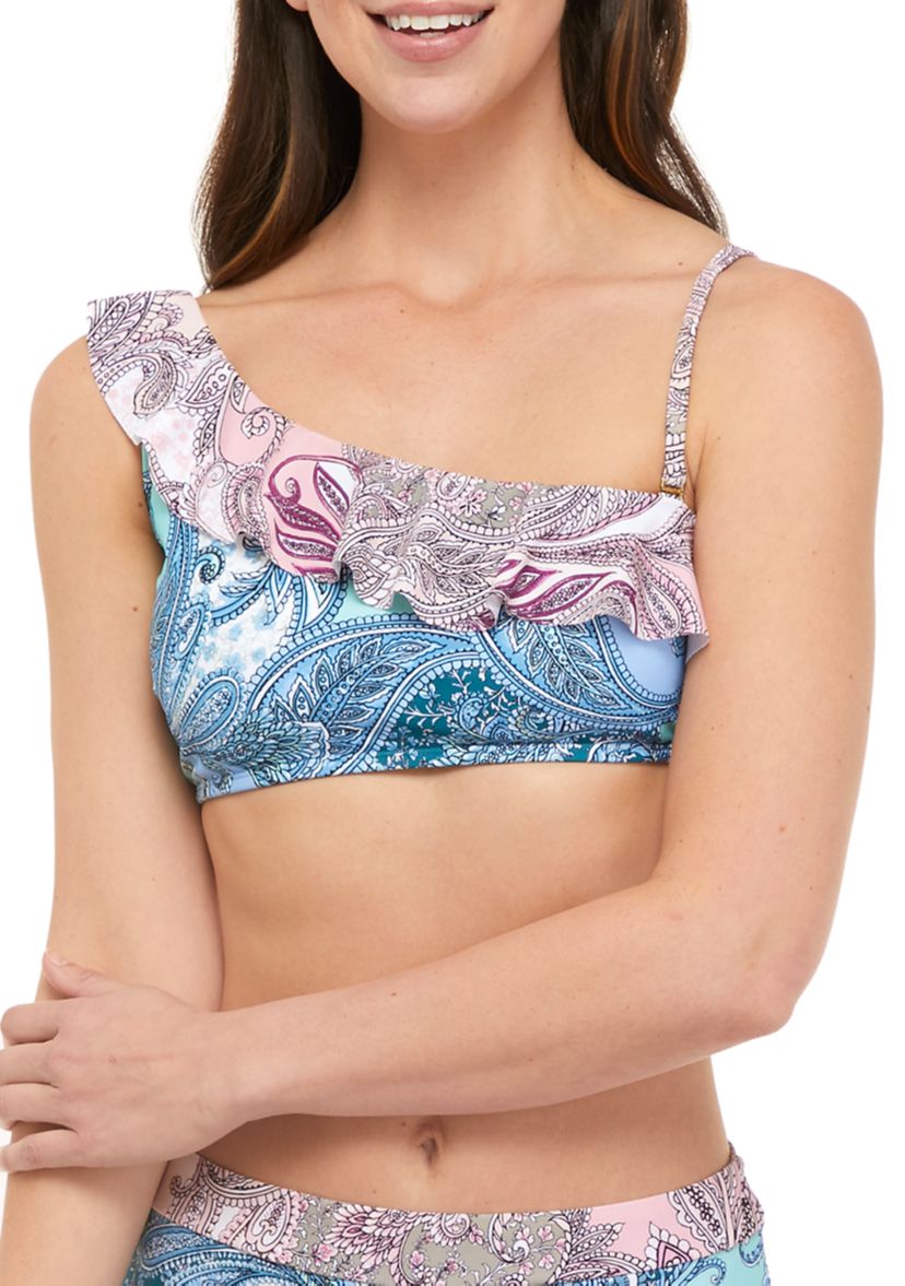 Delicate Paisley Ruffle One Shoulder Swim Top