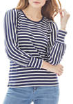Womens Striped Long Puff Sleeve Scoop Top