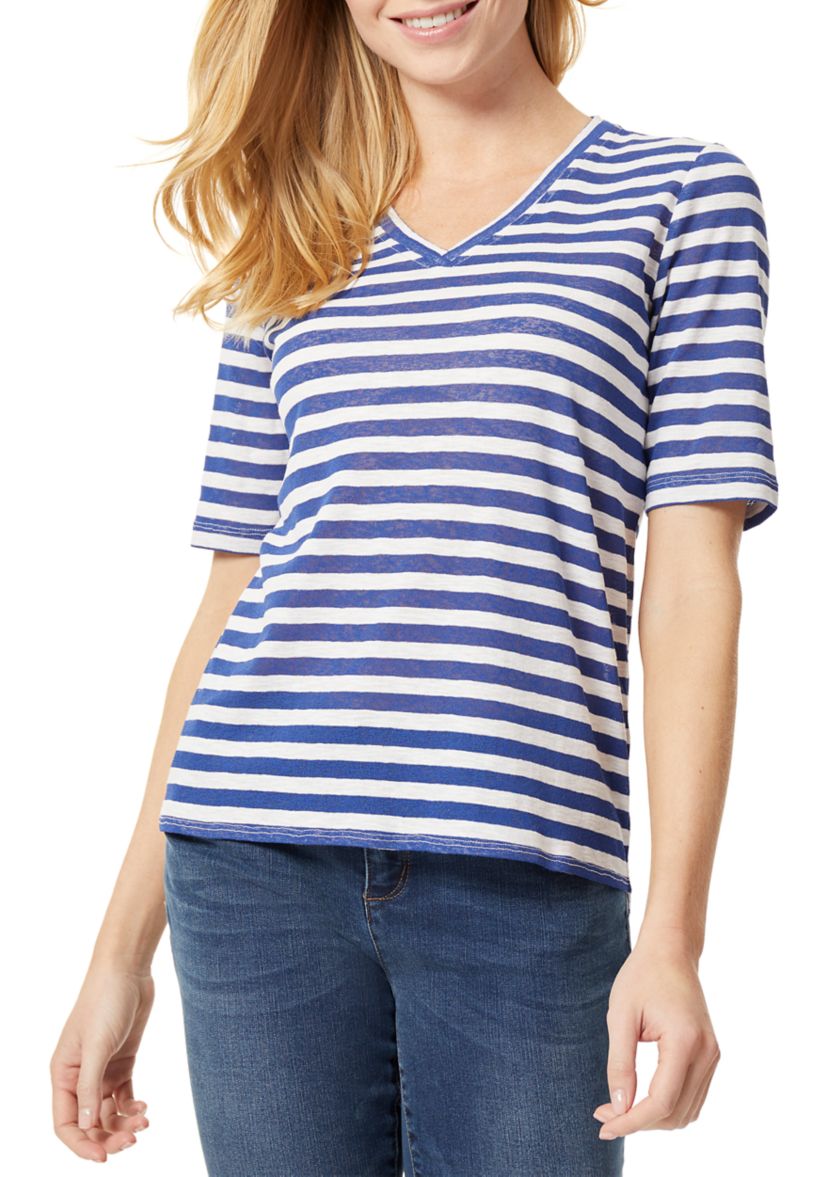 Womens Slub Elbow Sleeve Striped V-Neck T-Shirt
