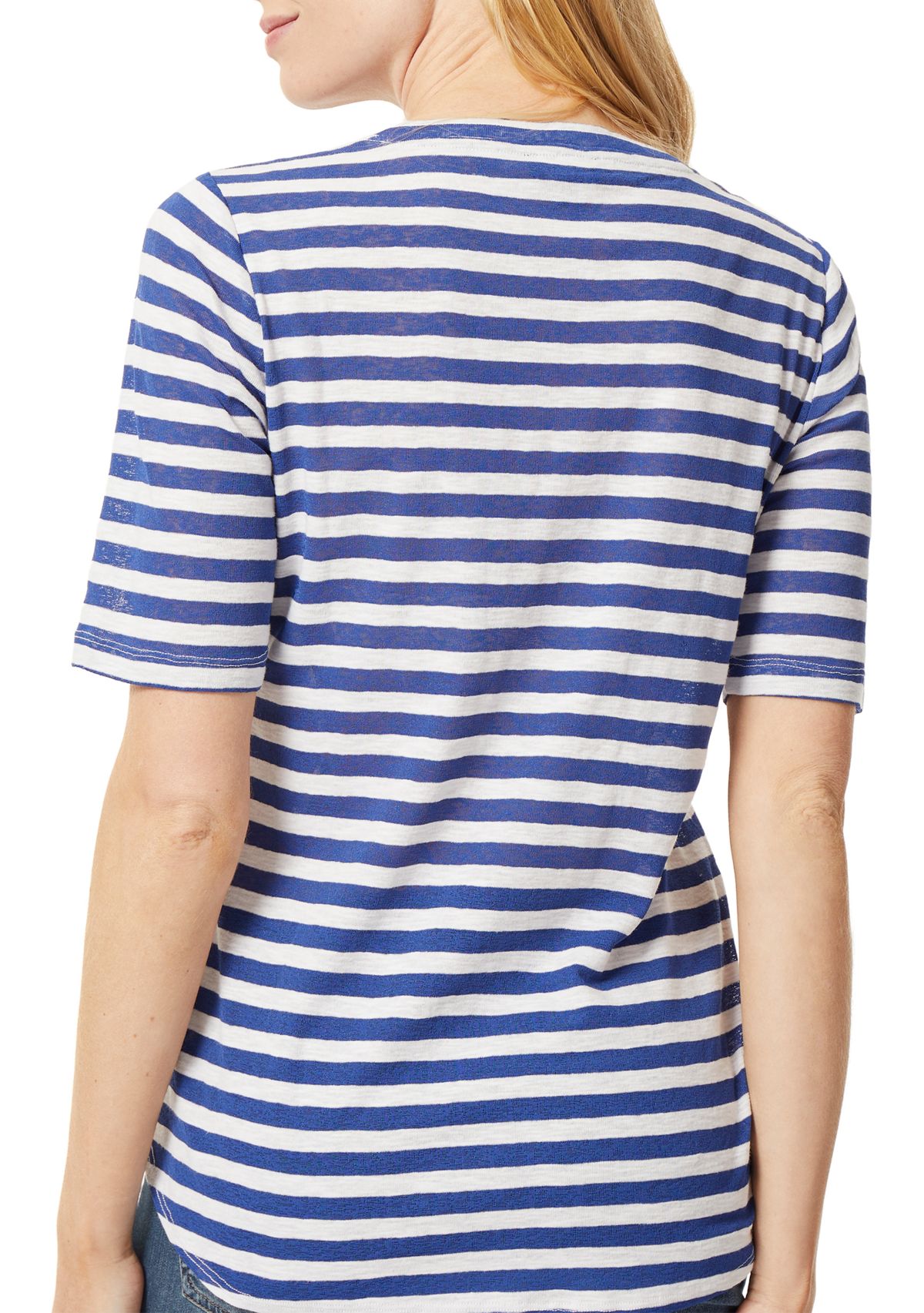 Womens Slub Elbow Sleeve Striped V-Neck T-Shirt