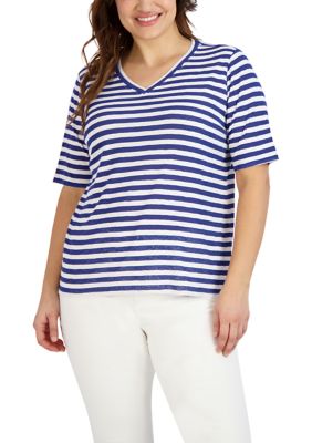Jones New York Women's Plus Size Slub Elbow Sleeve Striped V-Neck T-Shirt