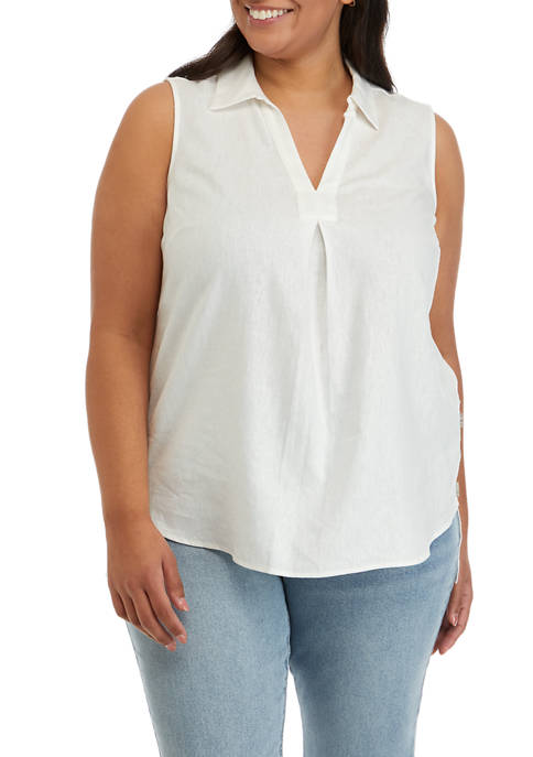 Plus Size Linen Collared V-Neck High Low Blouse 