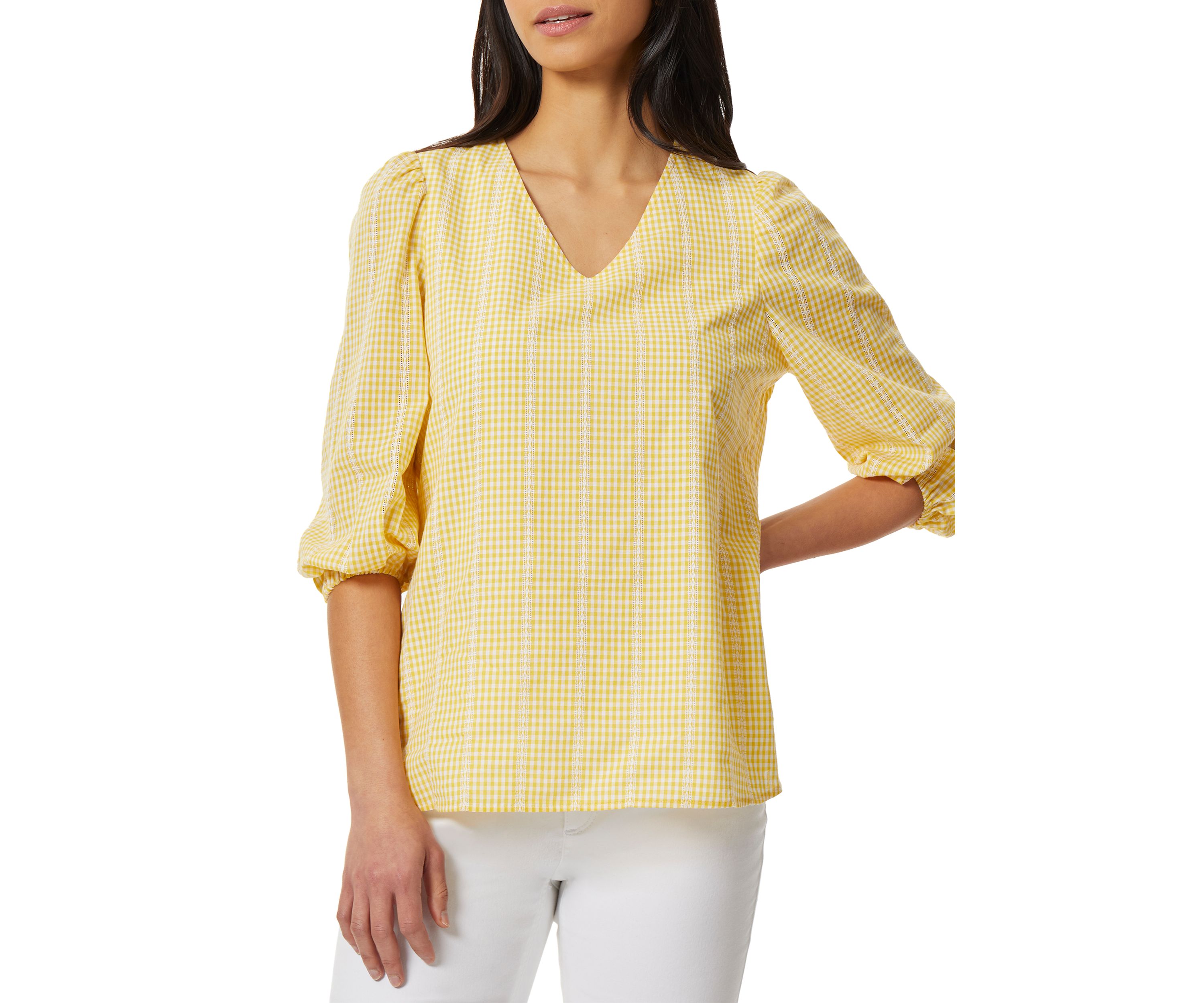 Gingham V-Neck Puff Sleeve Blouse 