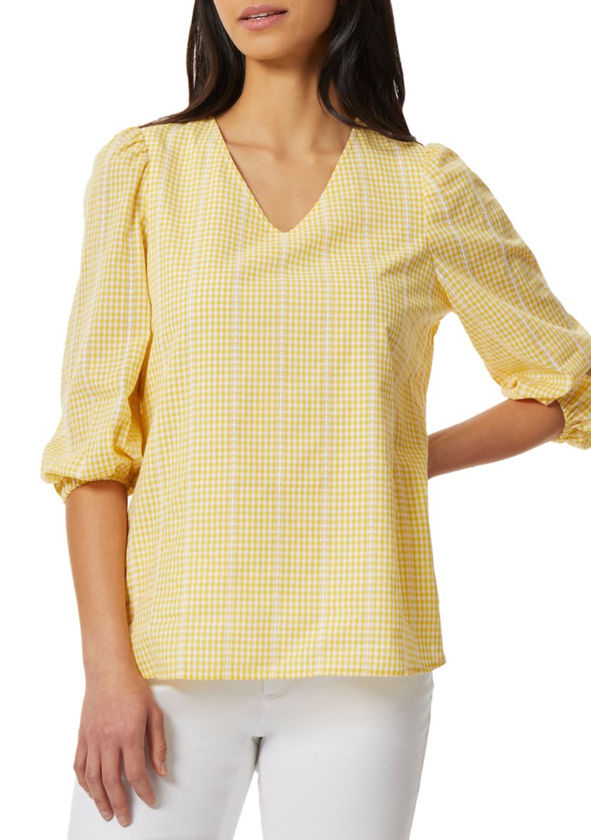 Gingham V-Neck Puff Sleeve Blouse 