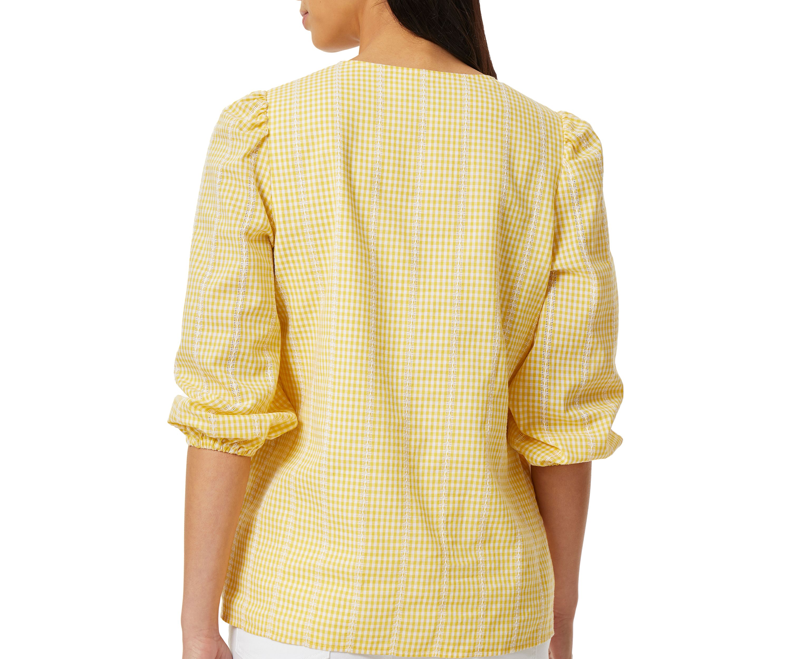 Gingham V-Neck Puff Sleeve Blouse 