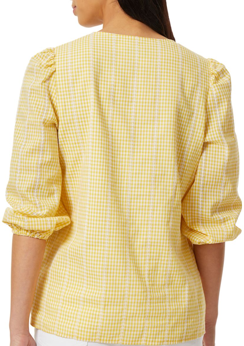 Gingham V-Neck Puff Sleeve Blouse 