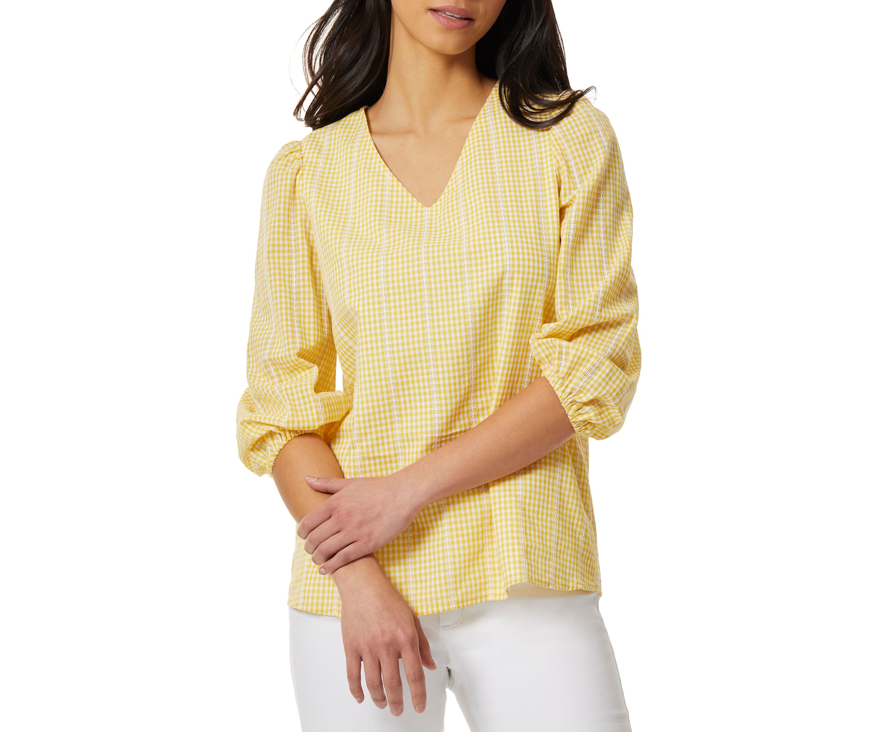Gingham V-Neck Puff Sleeve Blouse 