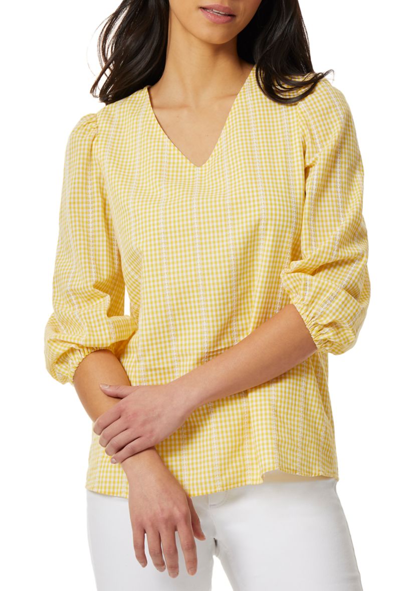 Gingham V-Neck Puff Sleeve Blouse 