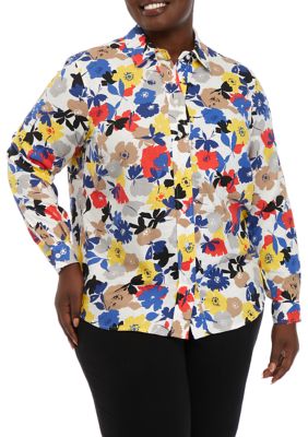 JONES NEW YORK Women's Plus Size Printed Oversized Button Blouse
