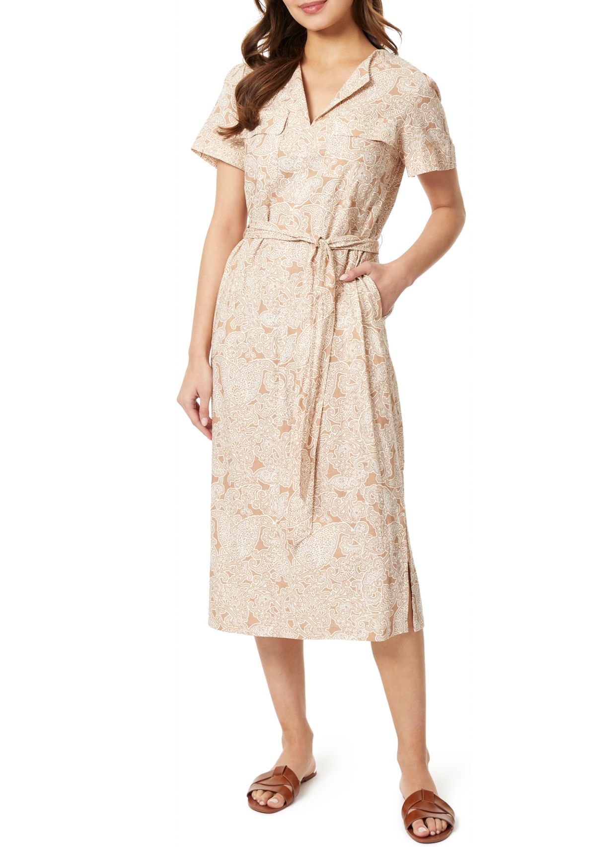 Short Sleeve Printed Linen Shirt Dress 