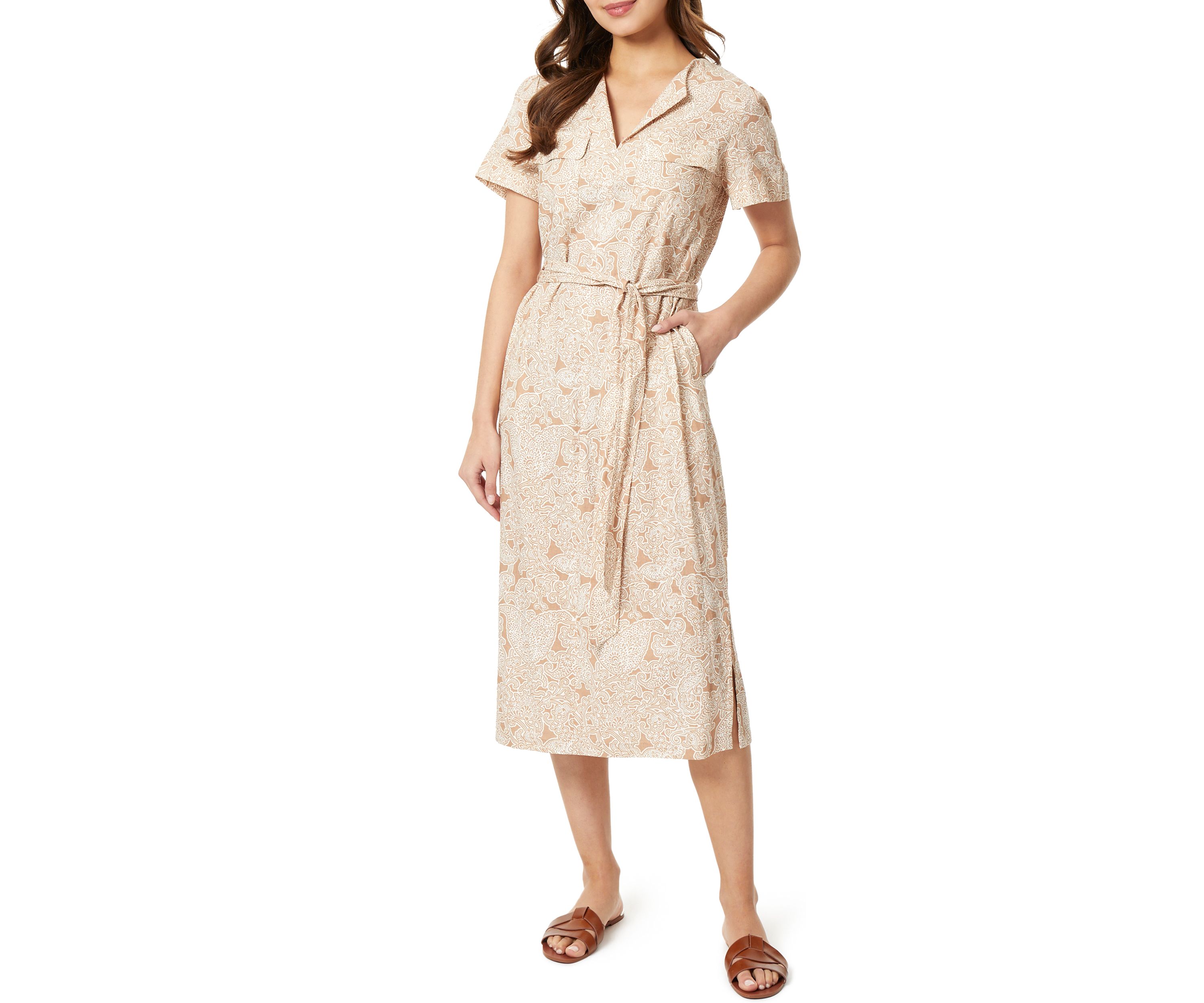 Short Sleeve Printed Linen Shirt Dress 