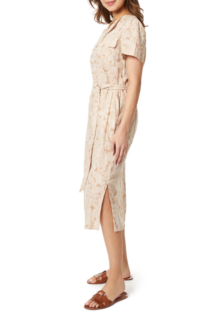 Short Sleeve Printed Linen Shirt Dress 
