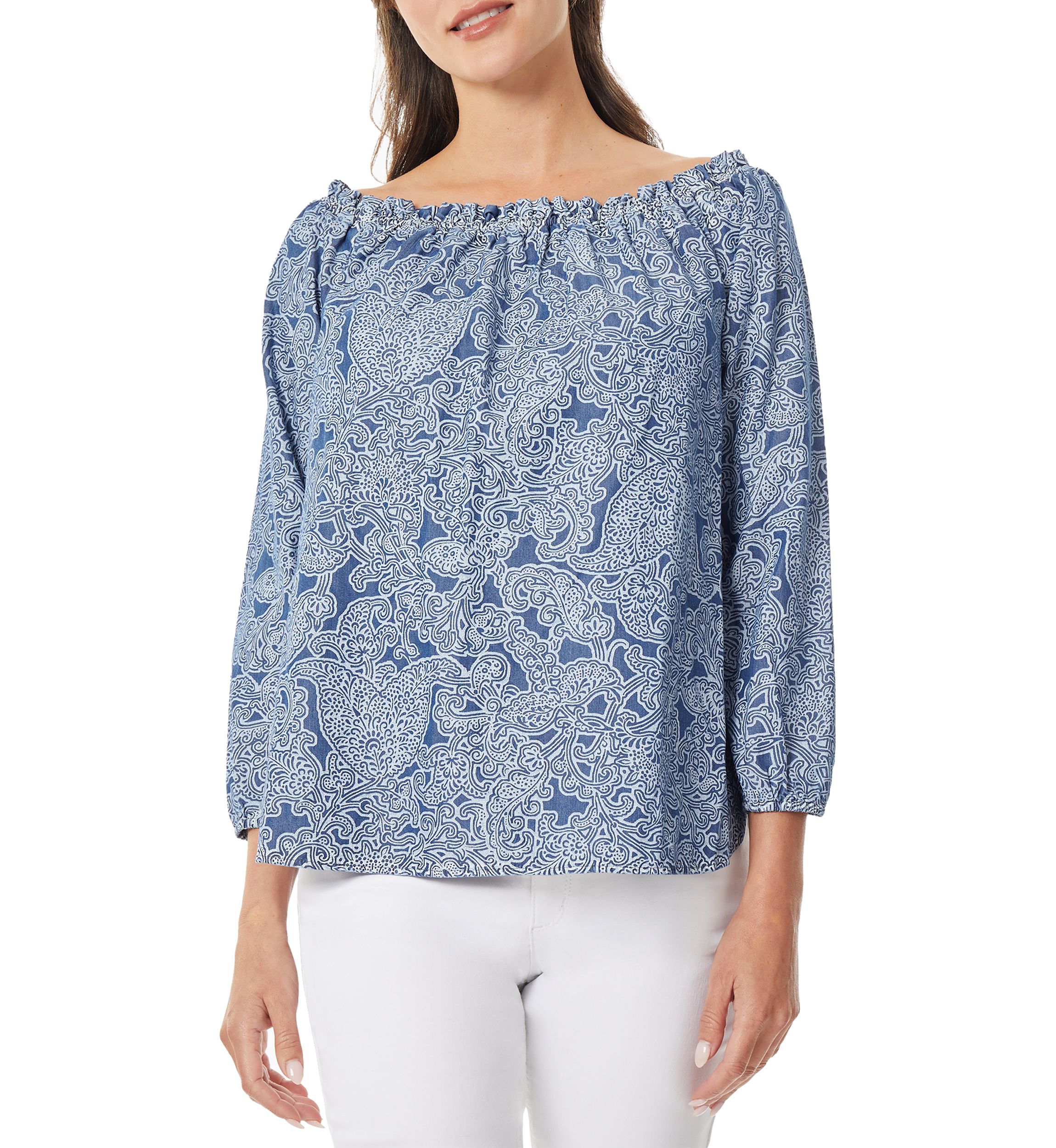 Womens Smocked Neck Printed Top