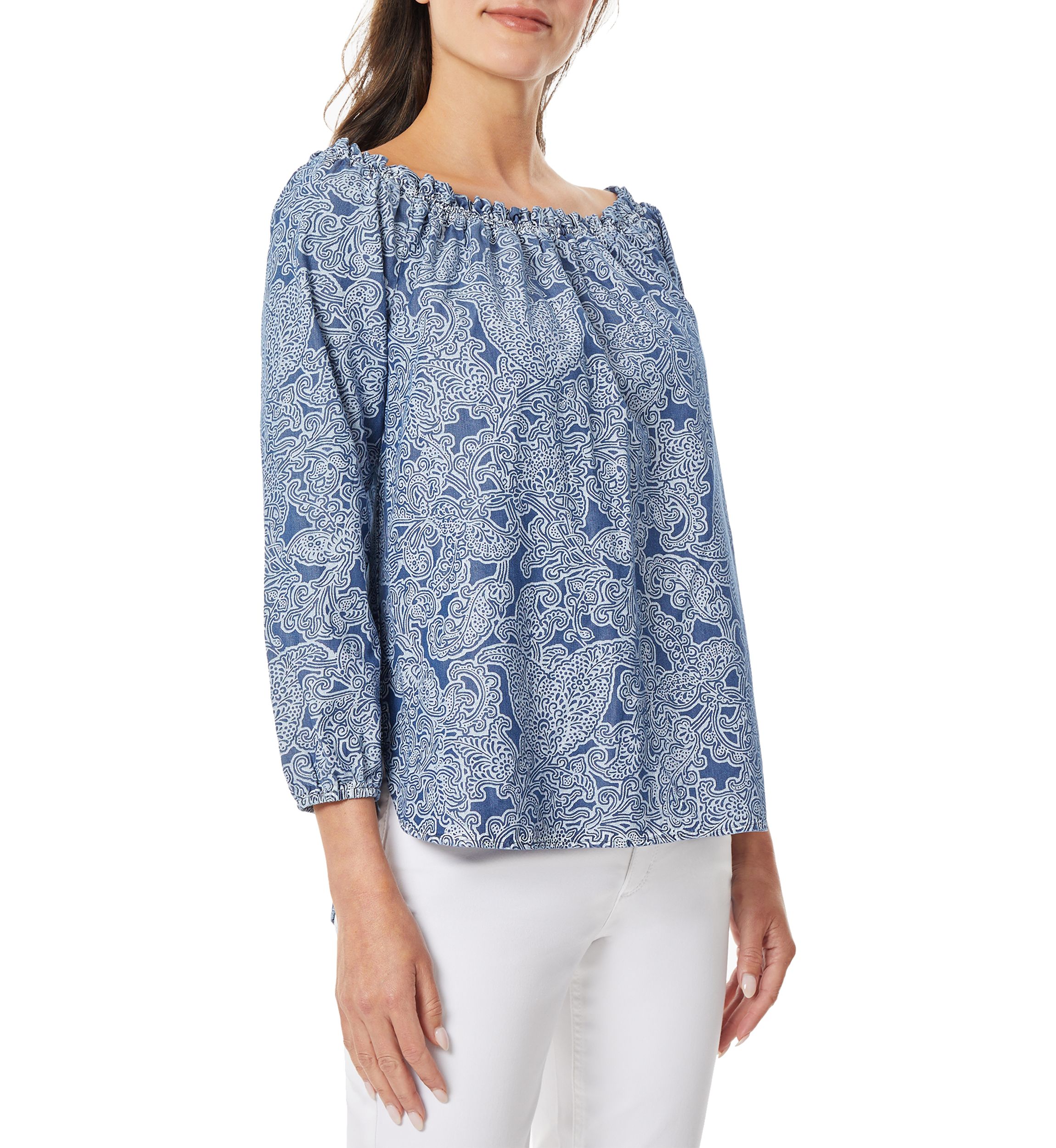 Womens Smocked Neck Printed Top