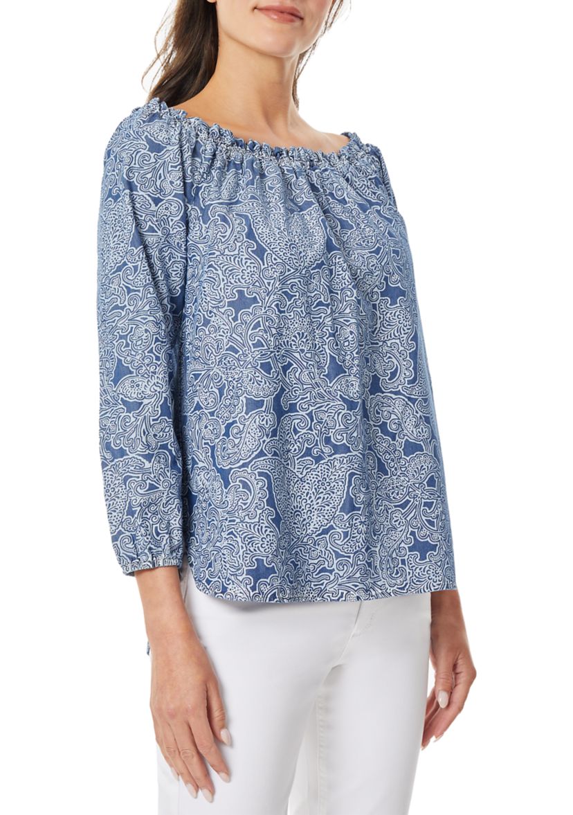 Womens Smocked Neck Printed Top