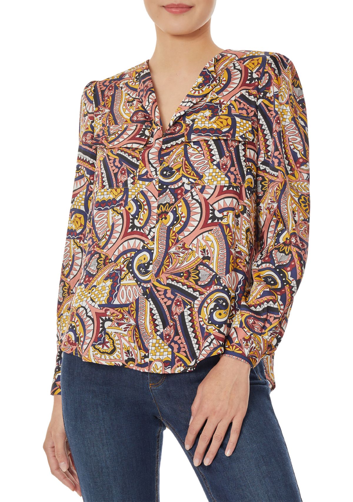 Womens Long Sleeve Printed Satin Utility Blouse