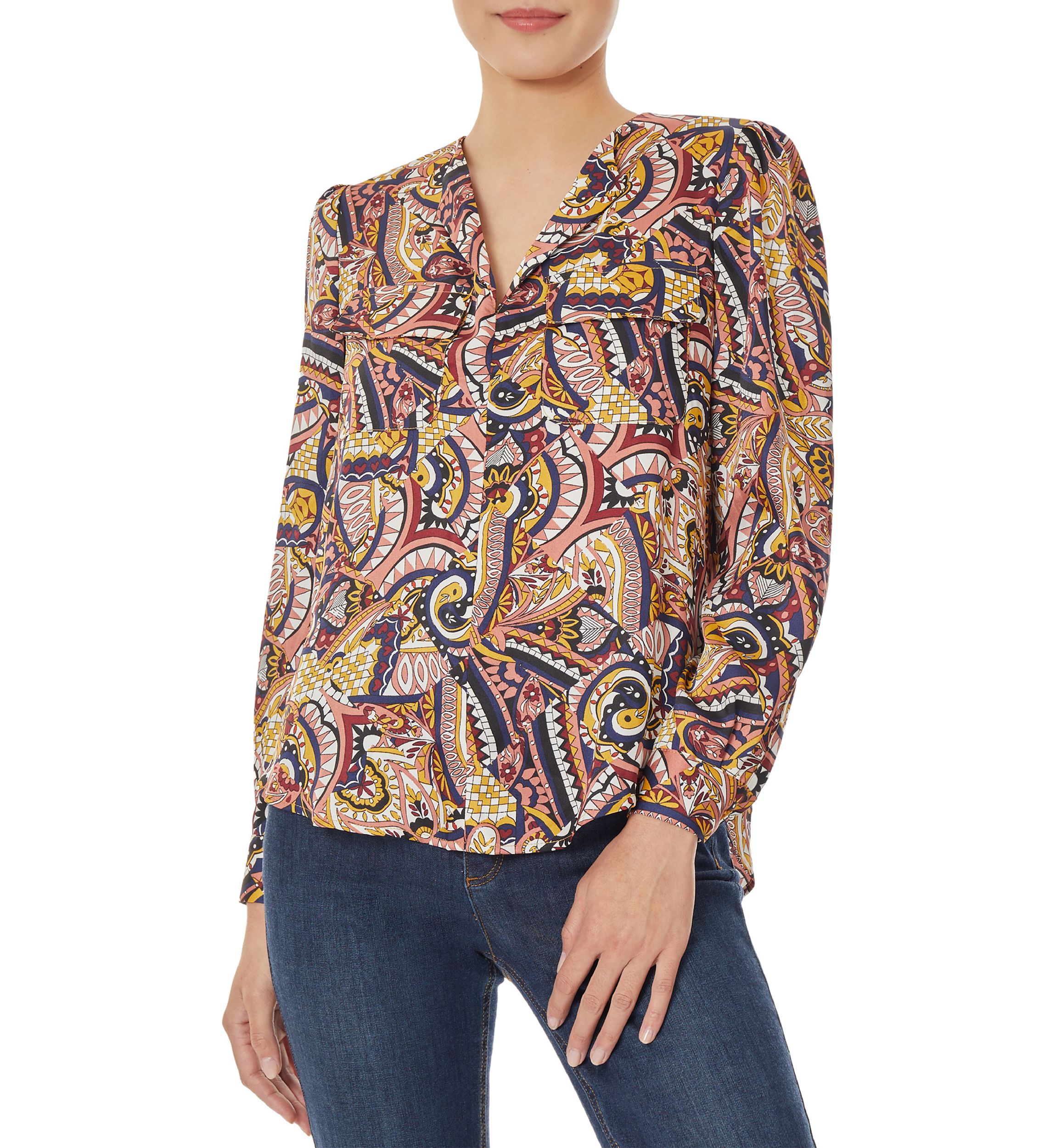 Womens Long Sleeve Printed Satin Utility Blouse
