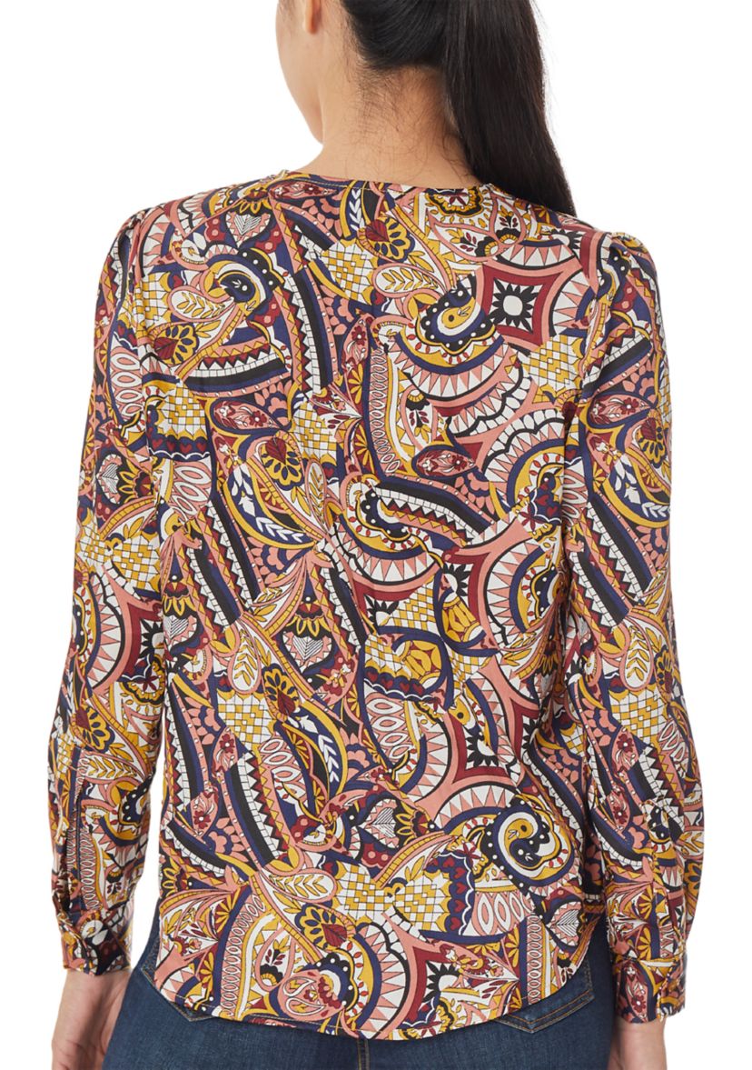 Womens Long Sleeve Printed Satin Utility Blouse