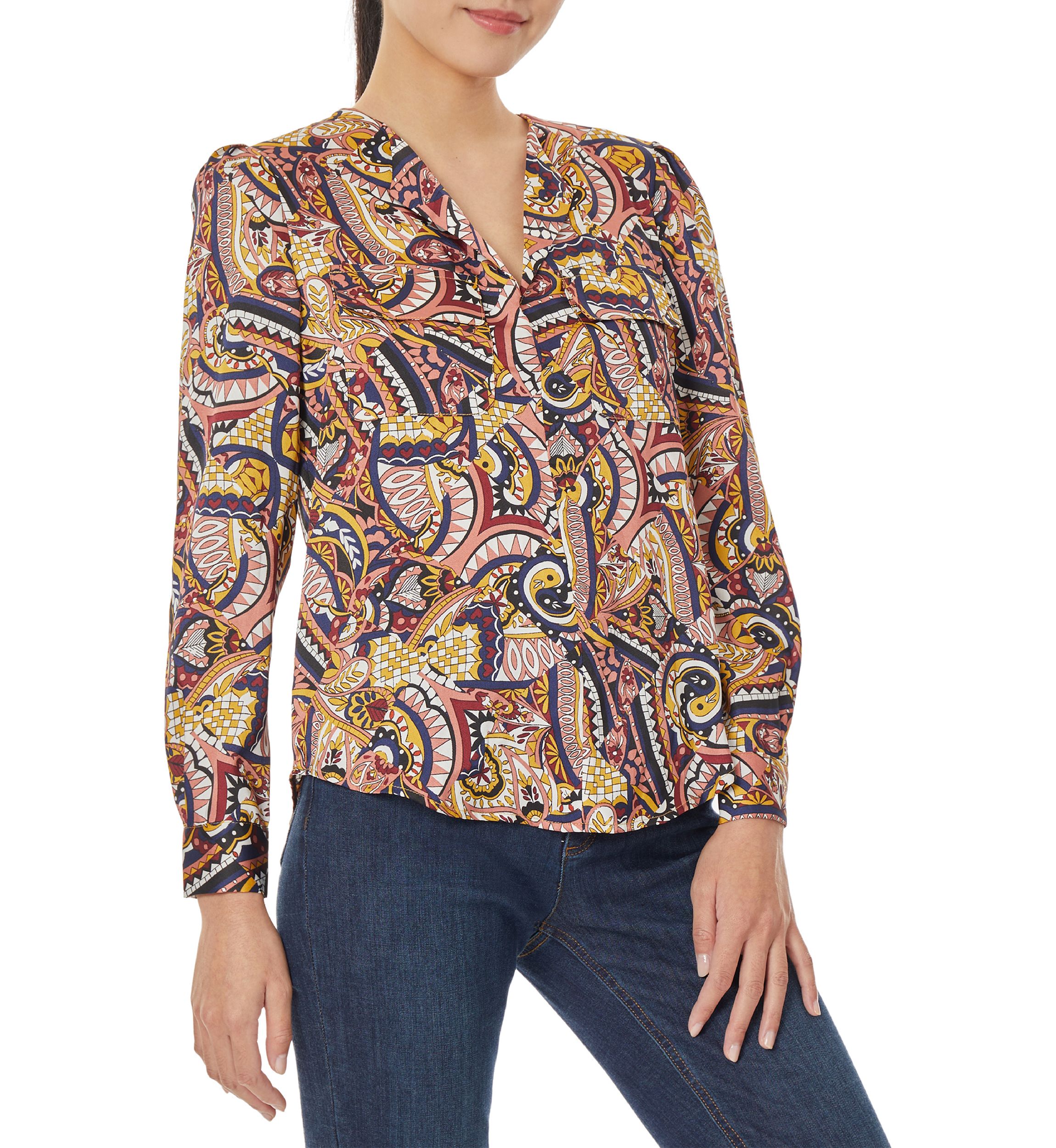 Womens Long Sleeve Printed Satin Utility Blouse