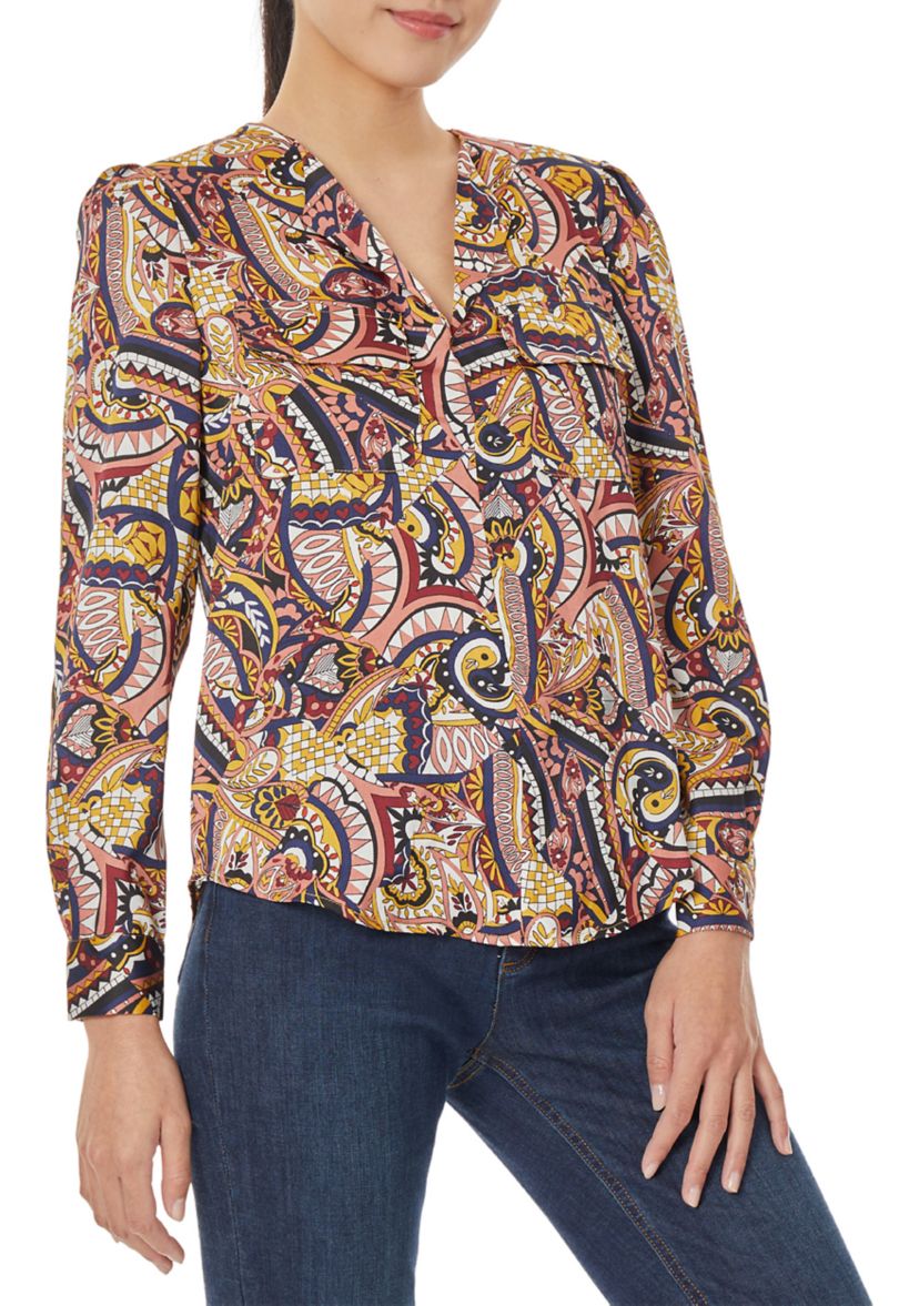 Womens Long Sleeve Printed Satin Utility Blouse