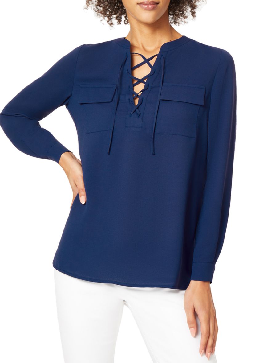 Womens Lace Up Neck Blouse 
