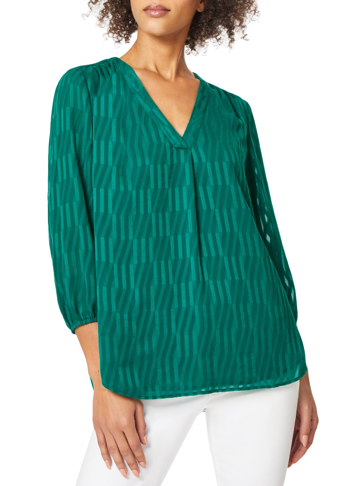 Womens V-Neck Pleat Front Tunic with Elastic Cuff Sleeves
