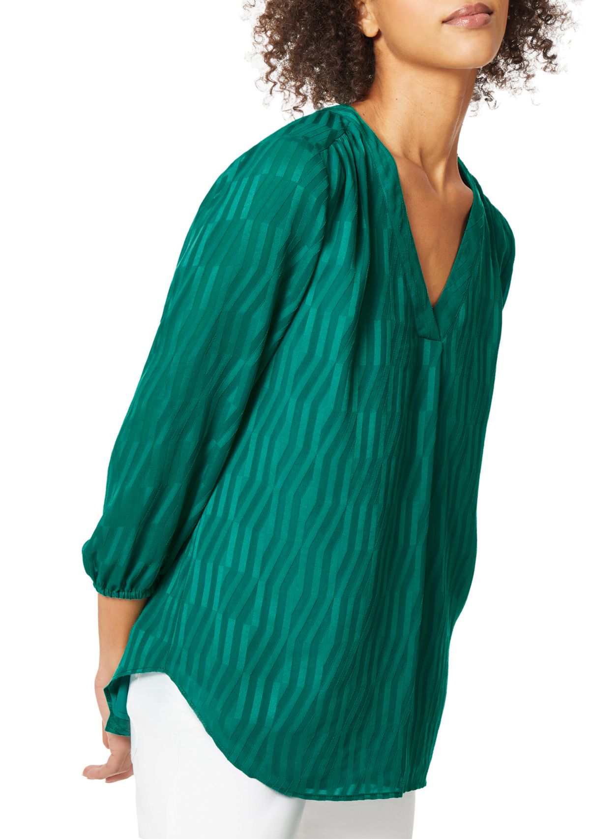 Womens V-Neck Pleat Front Tunic with Elastic Cuff Sleeves