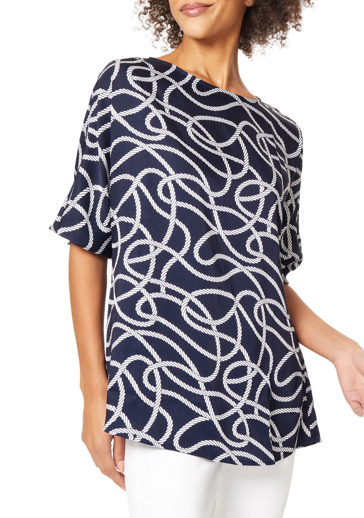 Womens Rope Print Smocked Cuff Tunic Blouse 