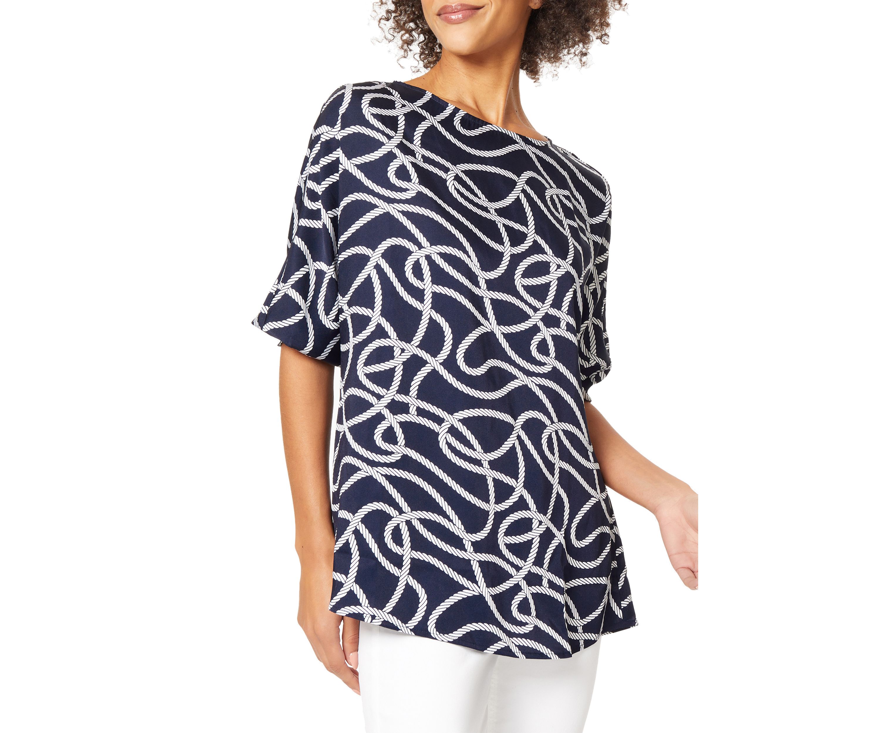 Womens Rope Print Smocked Cuff Tunic Blouse 