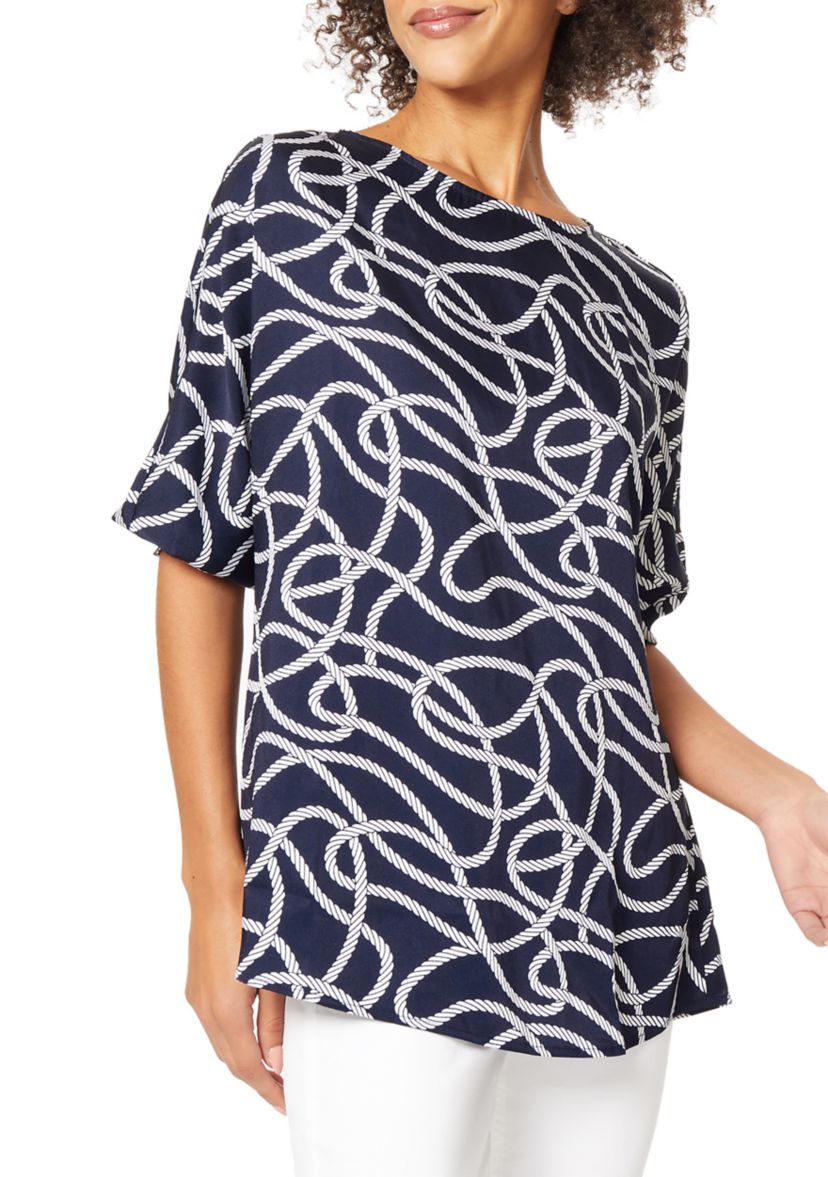 Womens Rope Print Smocked Cuff Tunic Blouse 